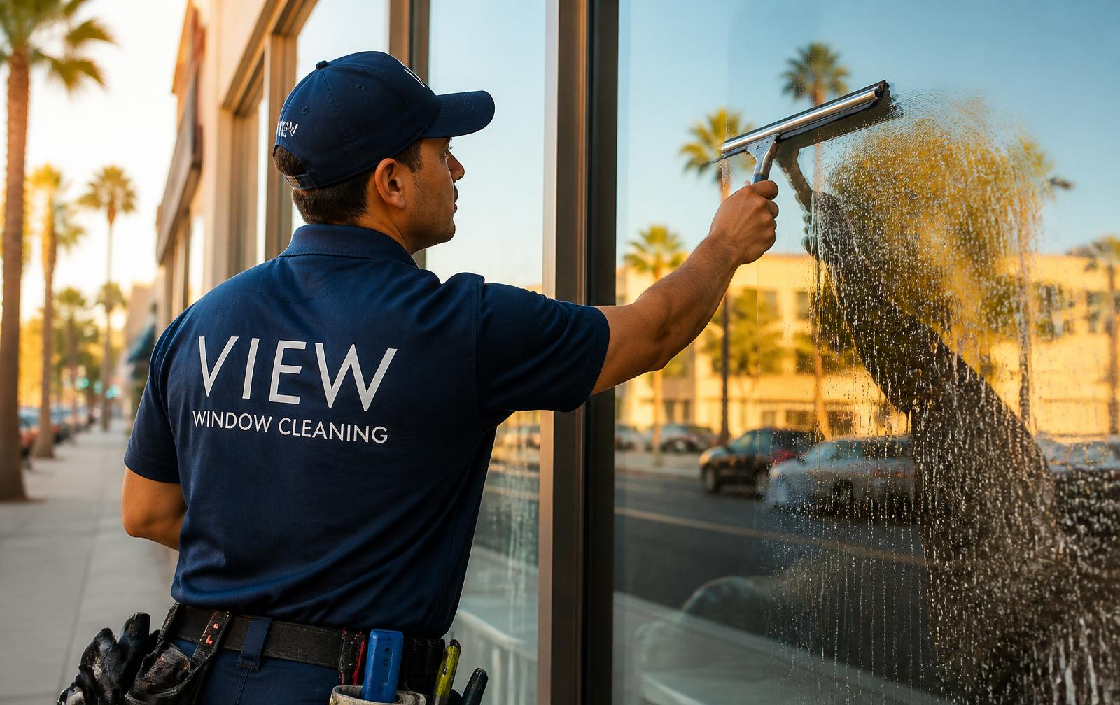 Kern Clarity technician squeegeeing a downtown Bakersfield storefront window
