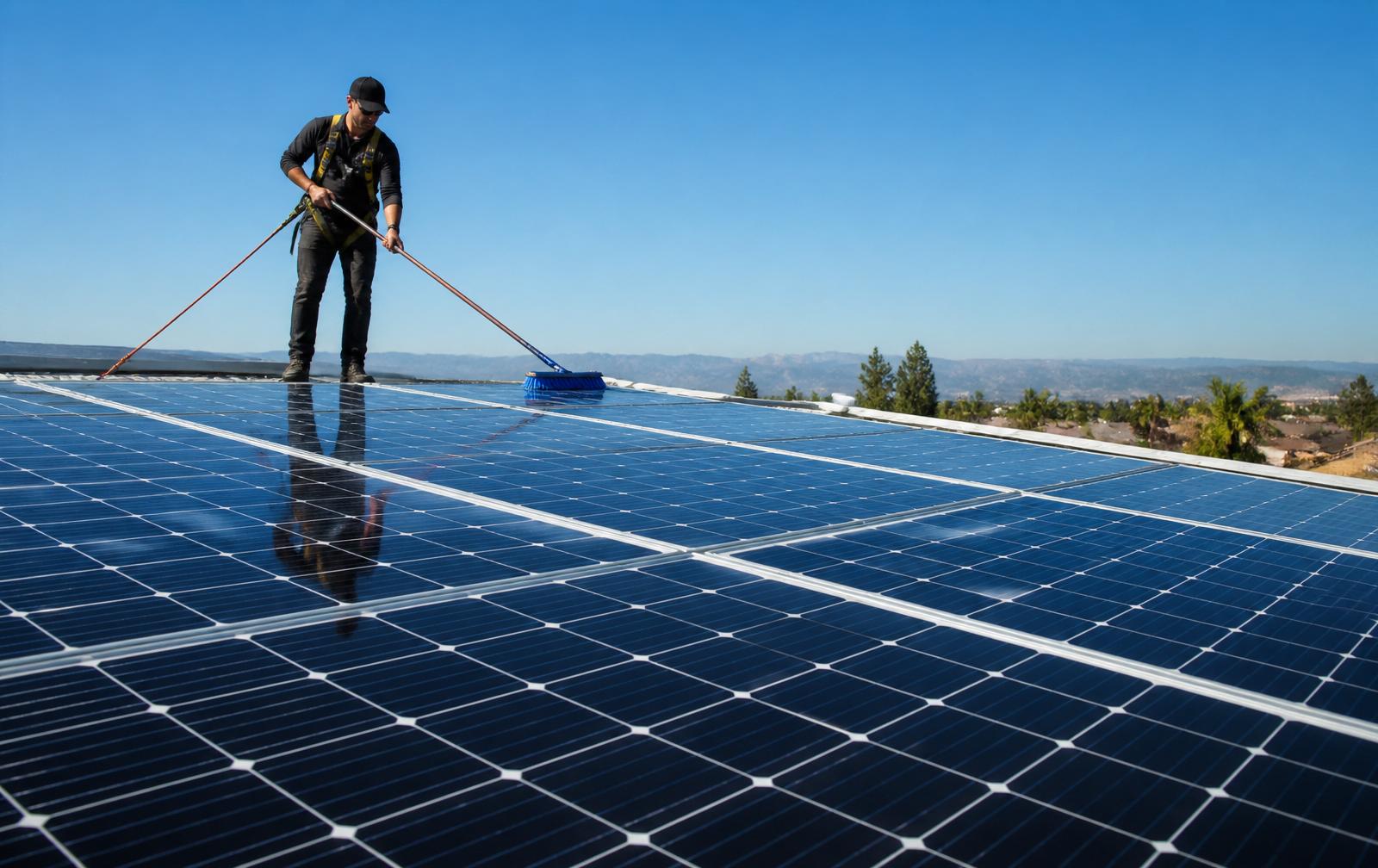 Rooftop solar array being cleaned in the Central Valley