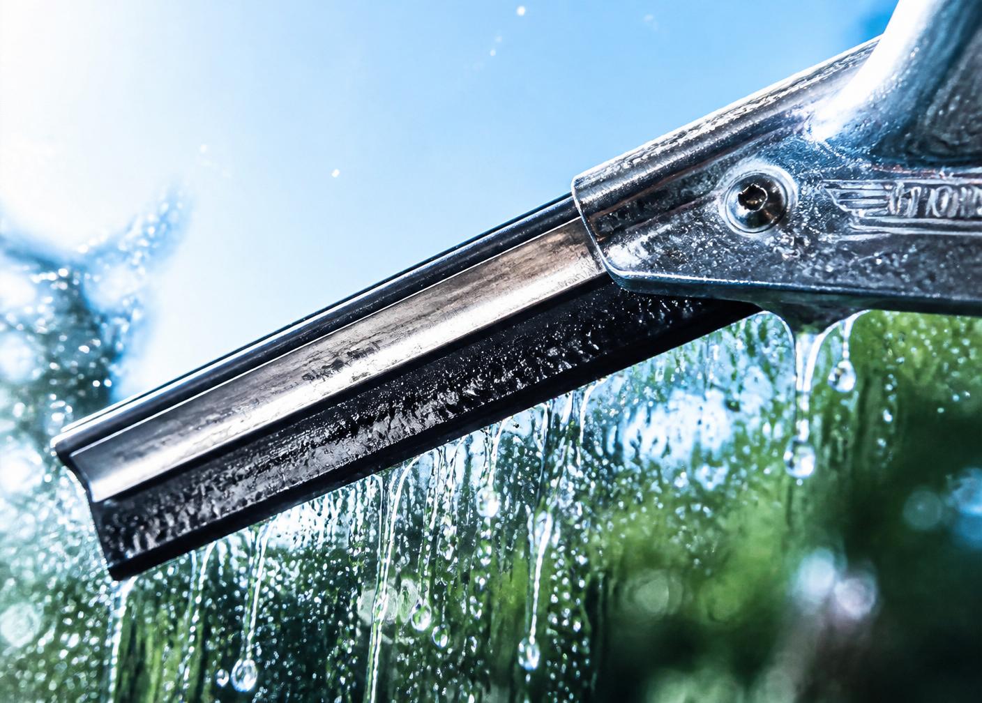 Squeegee pulling clean water across sunlit glass